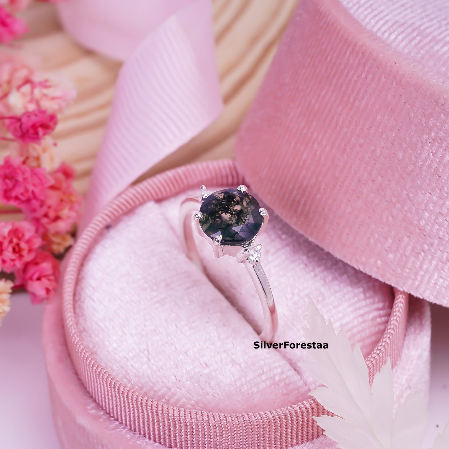 Round Cut Moss Agate Ring | Handmade Jewelry I SilverForestaa