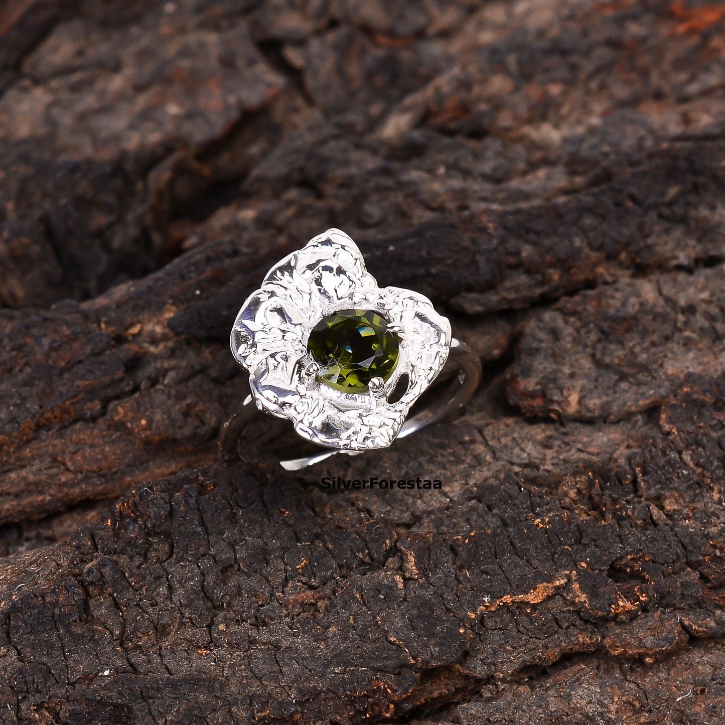 925 Silver Faceted Moldavite Engagement Ring Women
