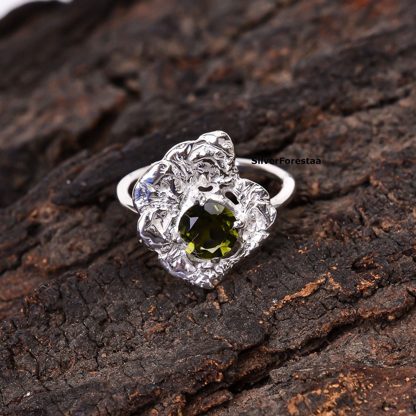 925 Silver Faceted Moldavite Engagement Ring Women