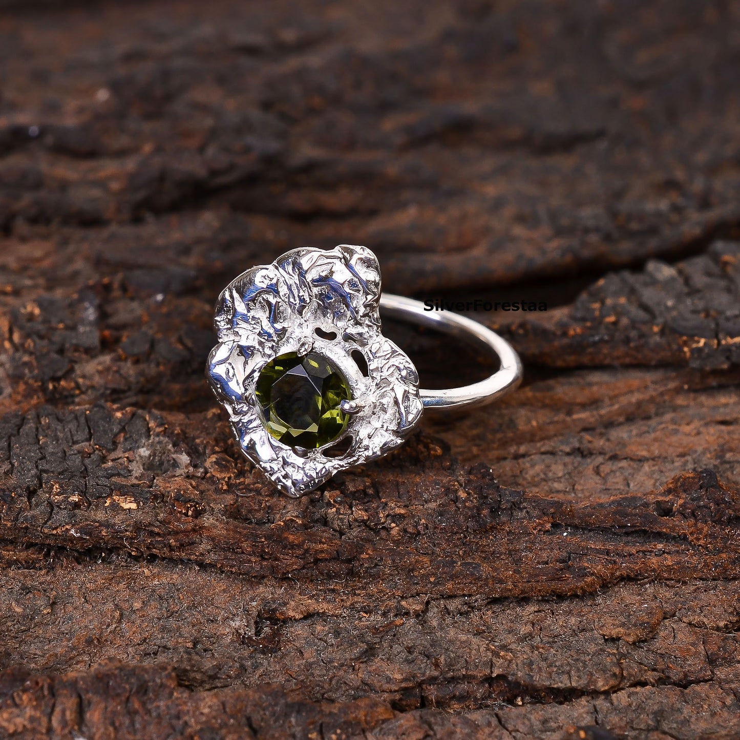 925 Silver Faceted Moldavite Engagement Ring Women