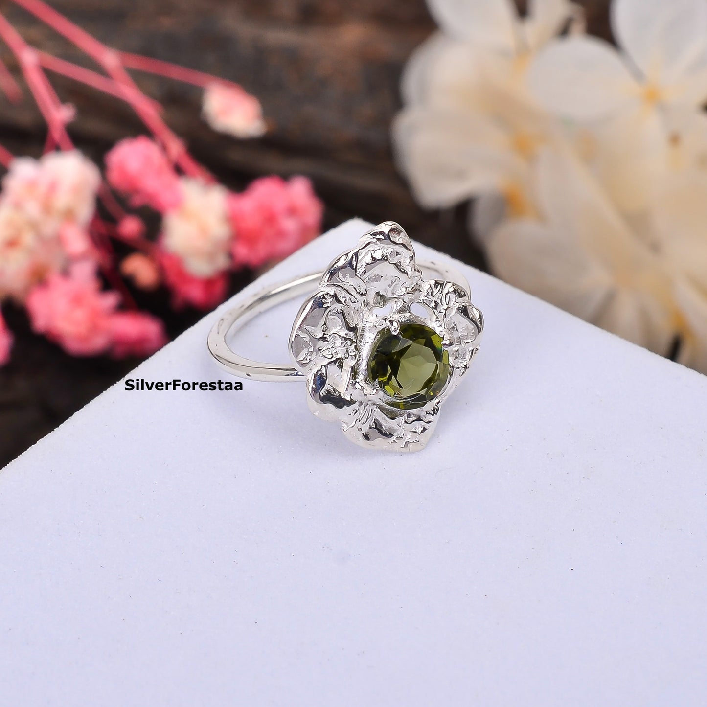 925 Silver Faceted Moldavite Engagement Ring Women