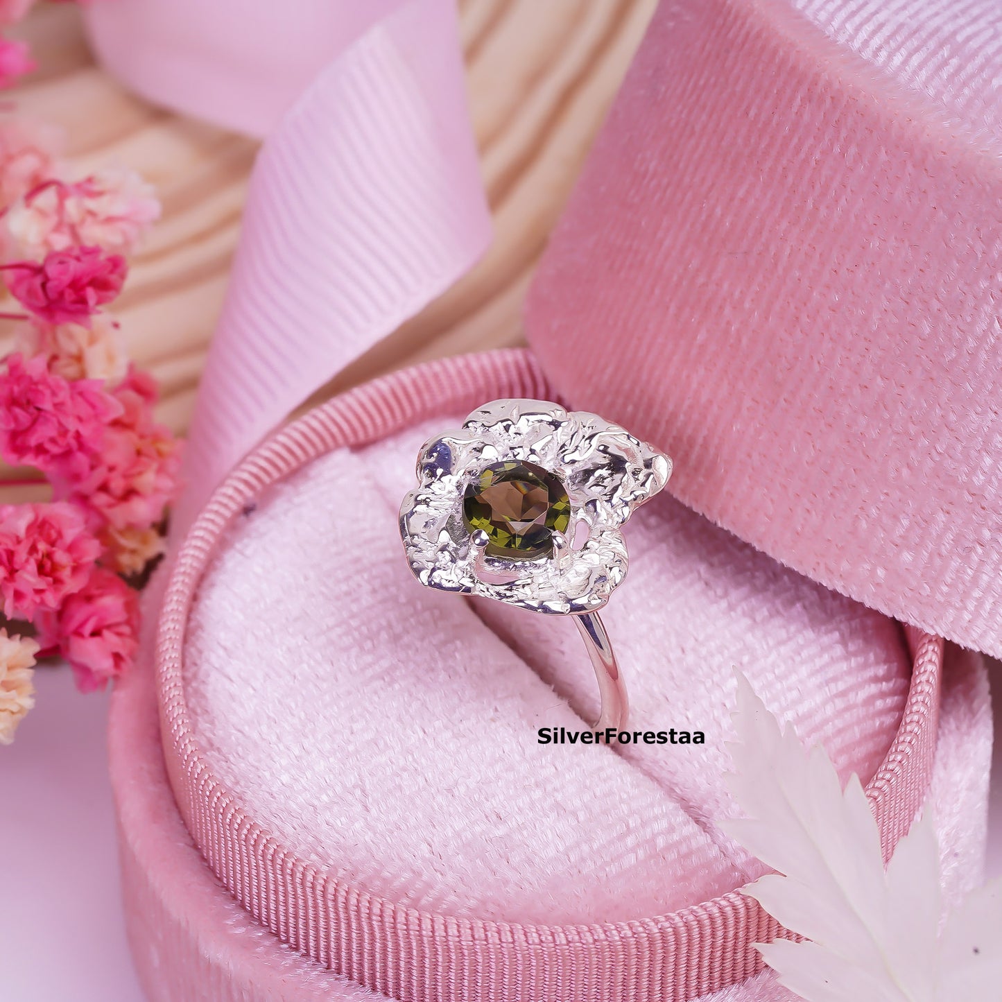 925 Silver Faceted Moldavite Engagement Ring Women