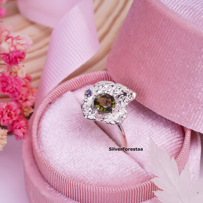 925 Silver Faceted Moldavite Engagement Ring Women