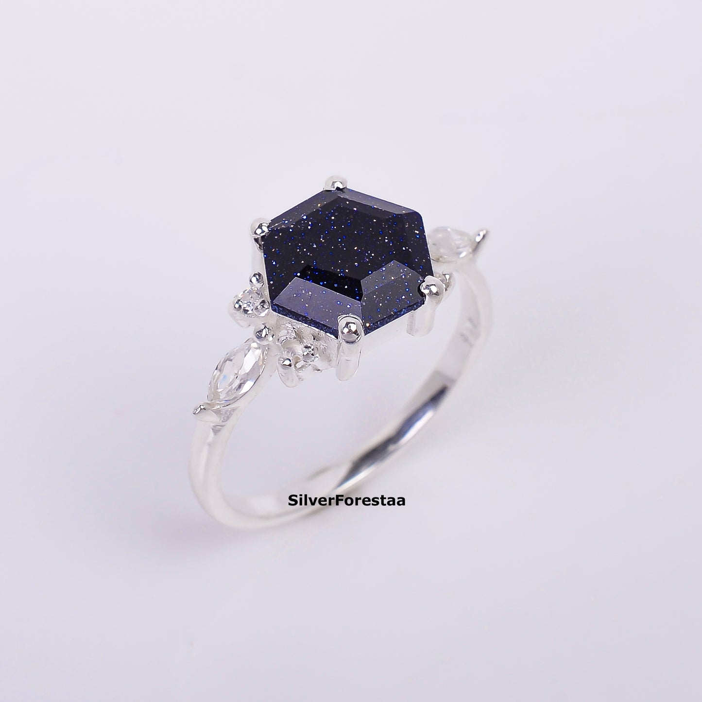Unique Boho Ring Blue Sandstone Sunstone 925 - SilverForestaa