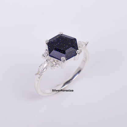 Unique Boho Ring Blue Sandstone Sunstone 925 - SilverForestaa