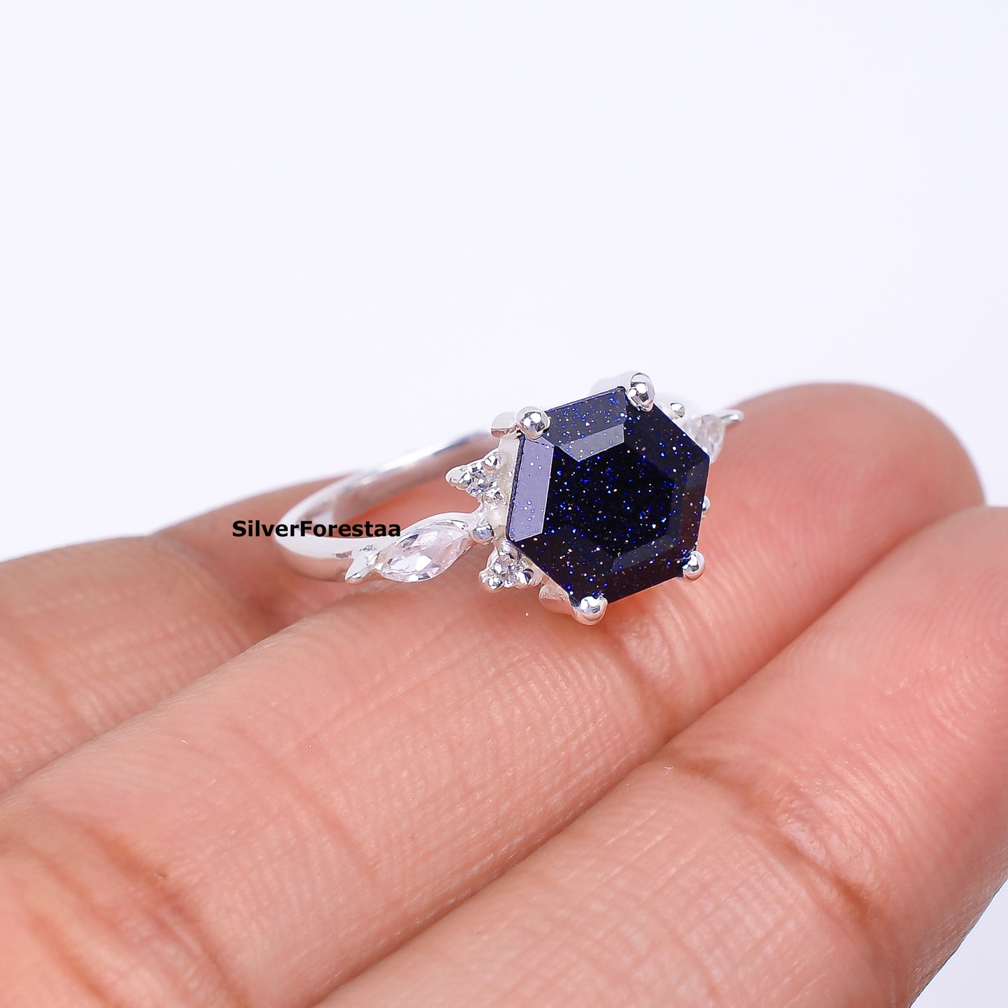 Unique Boho Ring Blue Sandstone Sunstone 925 - SilverForestaa
