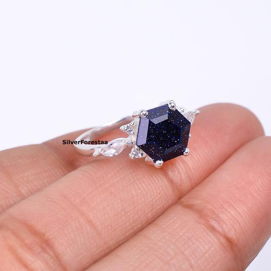 Unique Boho Ring Blue Sandstone Sunstone 925 - SilverForestaa