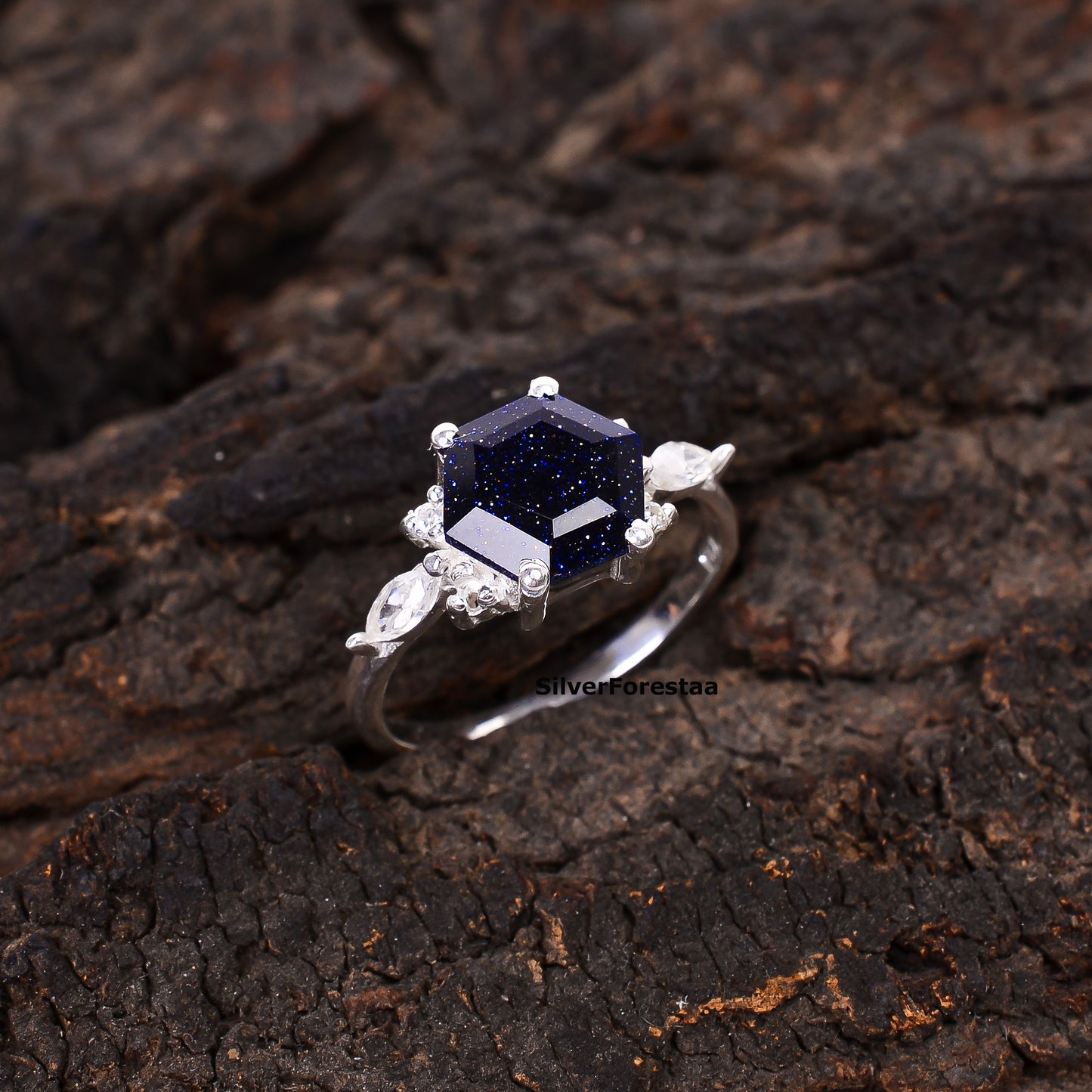 Unique Boho Ring Blue Sandstone Sunstone 925 - SilverForestaa