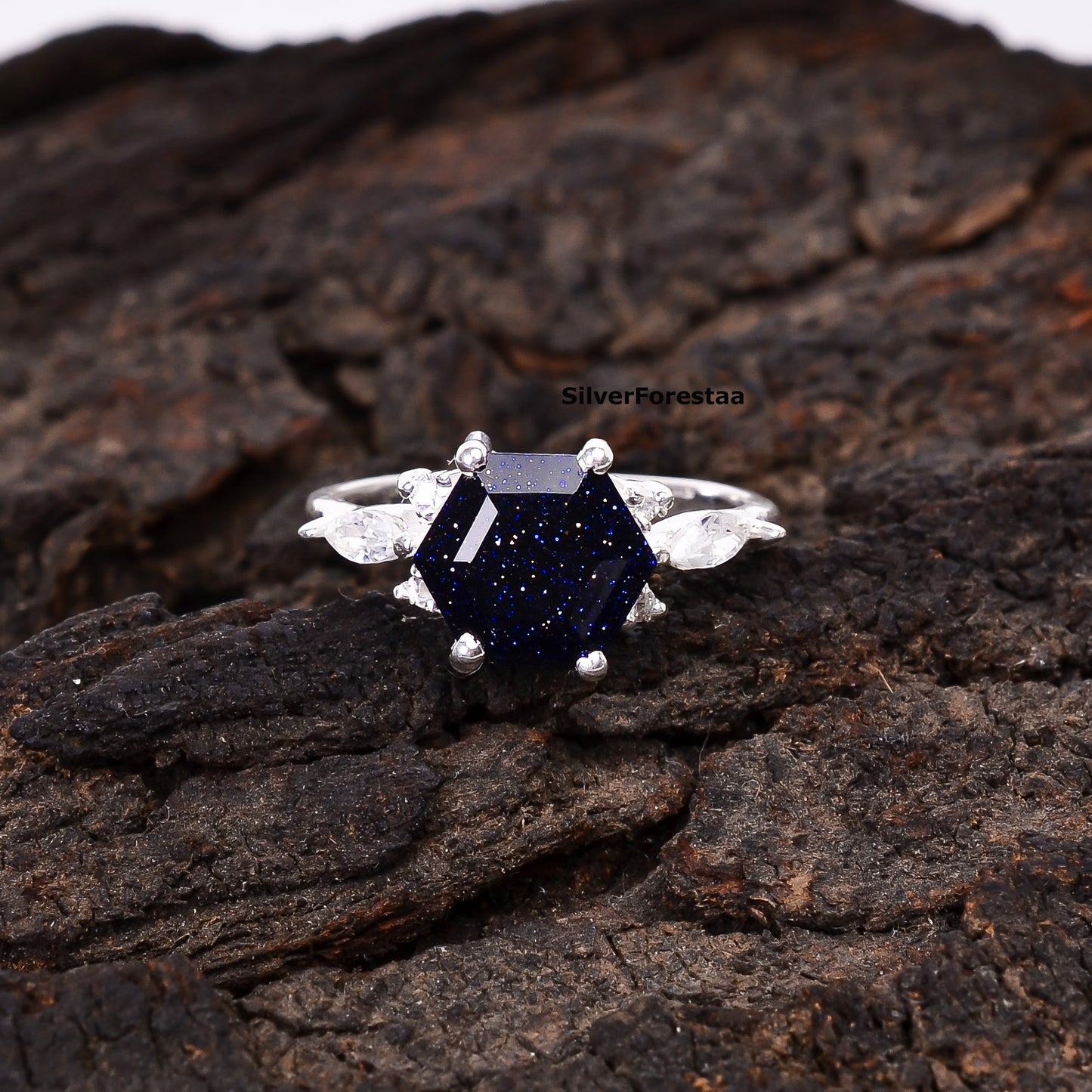 Unique Boho Ring Blue Sandstone Sunstone 925 - SilverForestaa
