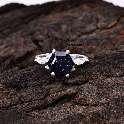 Unique Boho Ring Blue Sandstone Sunstone 925 - SilverForestaa