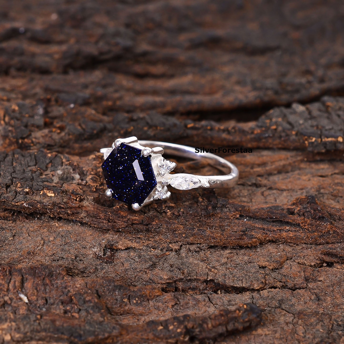 Unique Boho Ring Blue Sandstone Sunstone 925 - SilverForestaa