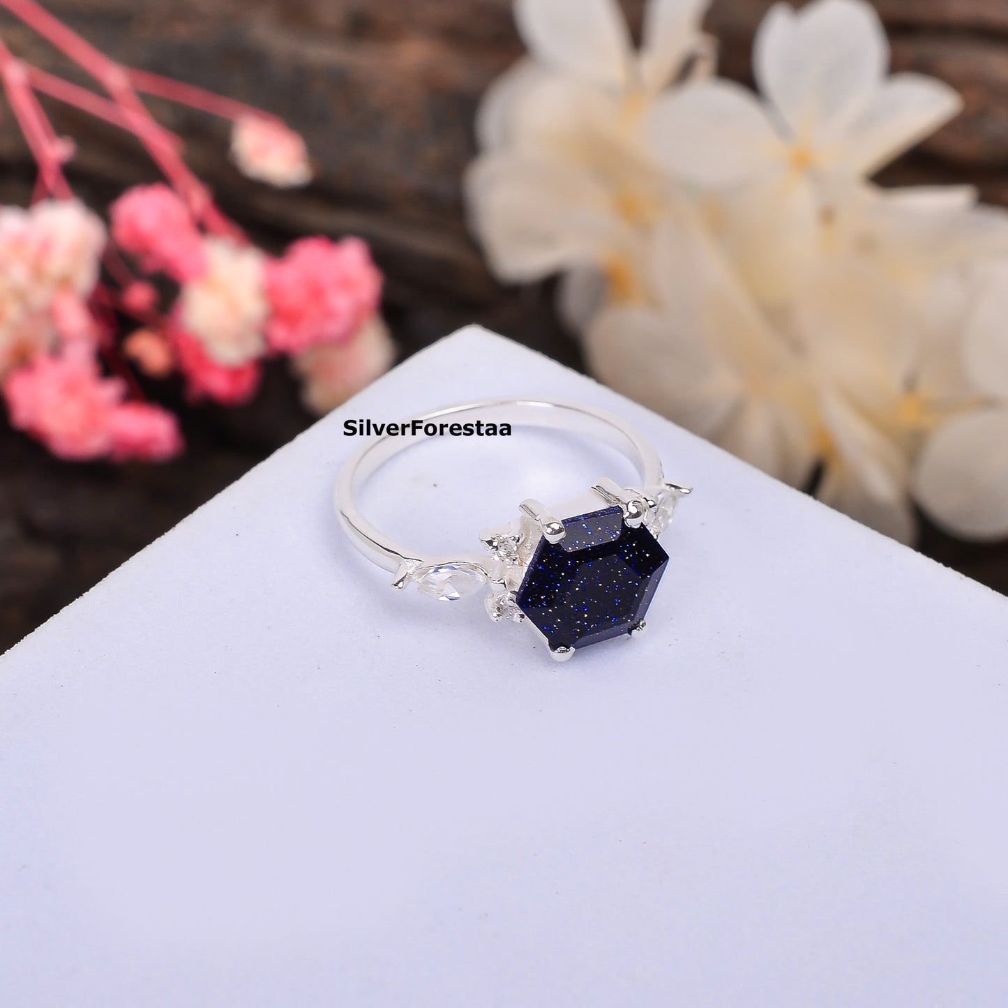 Unique Boho Ring Blue Sandstone Sunstone 925 - SilverForestaa