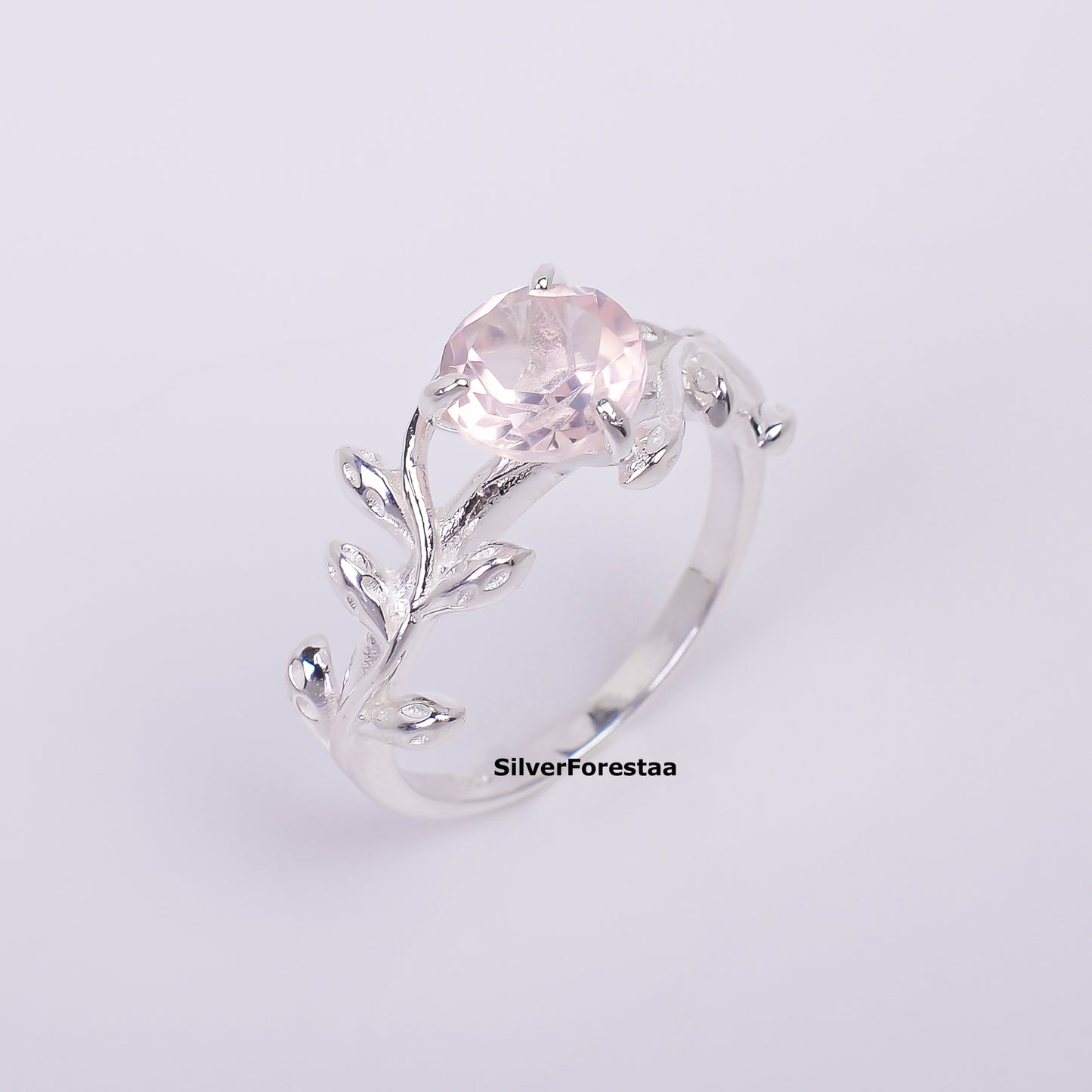 925 Silver Rose Quartz Leaf Twig Engagement Ring