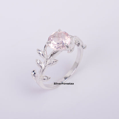 925 Silver Rose Quartz Leaf Twig Engagement Ring