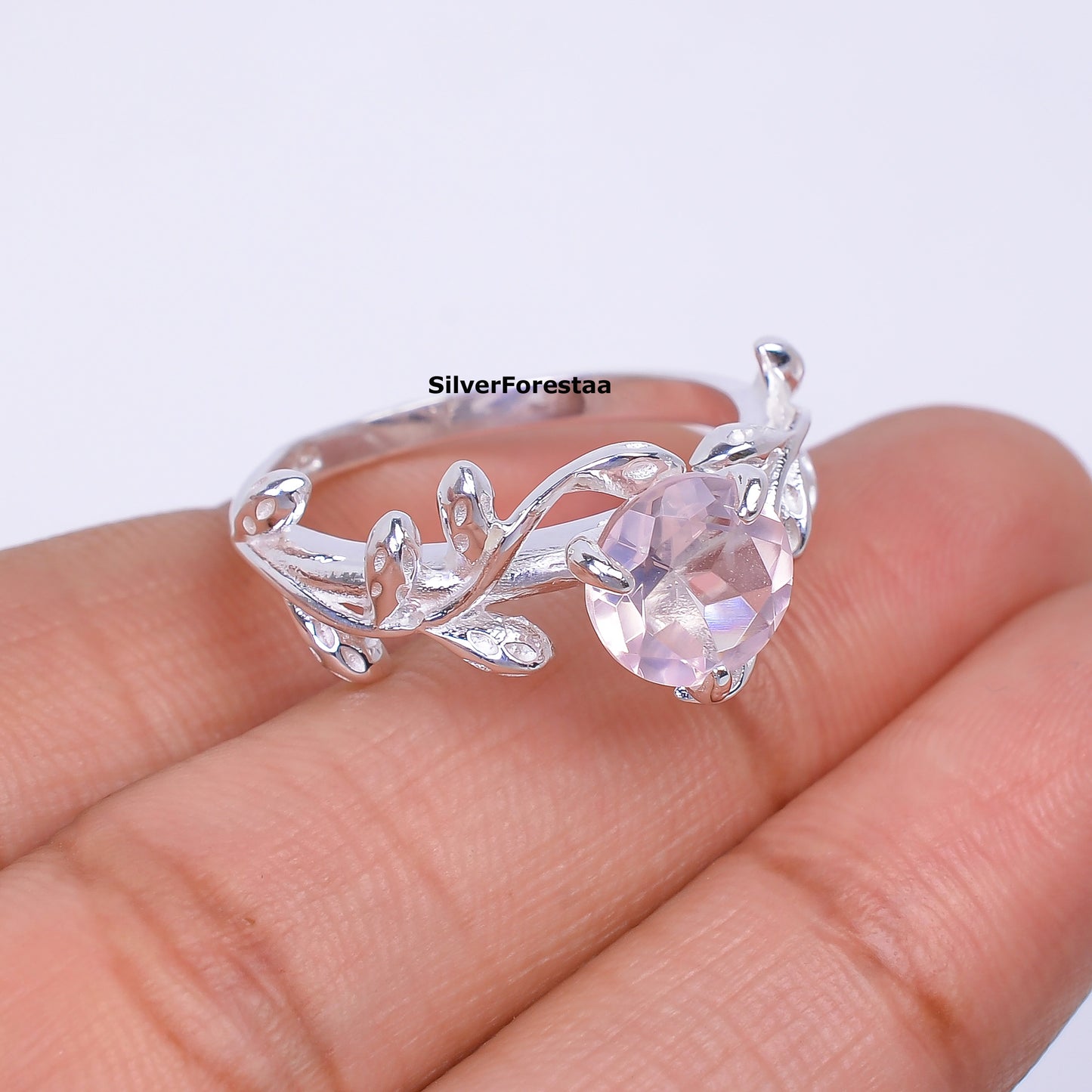 925 Silver Rose Quartz Leaf Twig Engagement Ring
