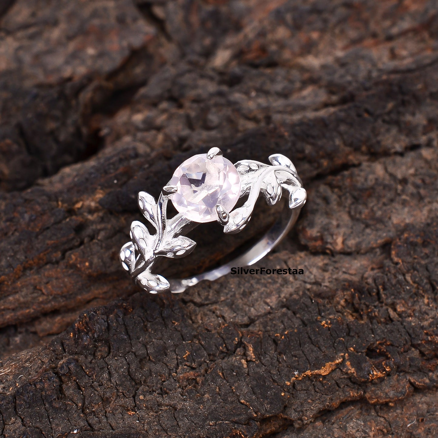 925 Silver Rose Quartz Leaf Twig Engagement Ring