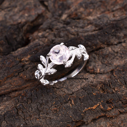 925 Silver Rose Quartz Leaf Twig Engagement Ring