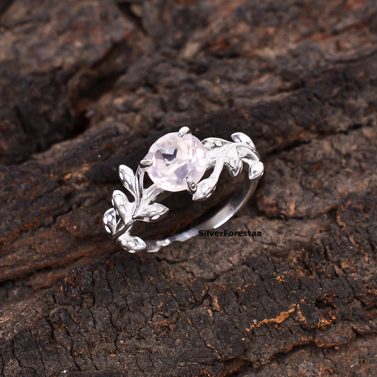 925 Silver Rose Quartz Leaf Twig Engagement Ring