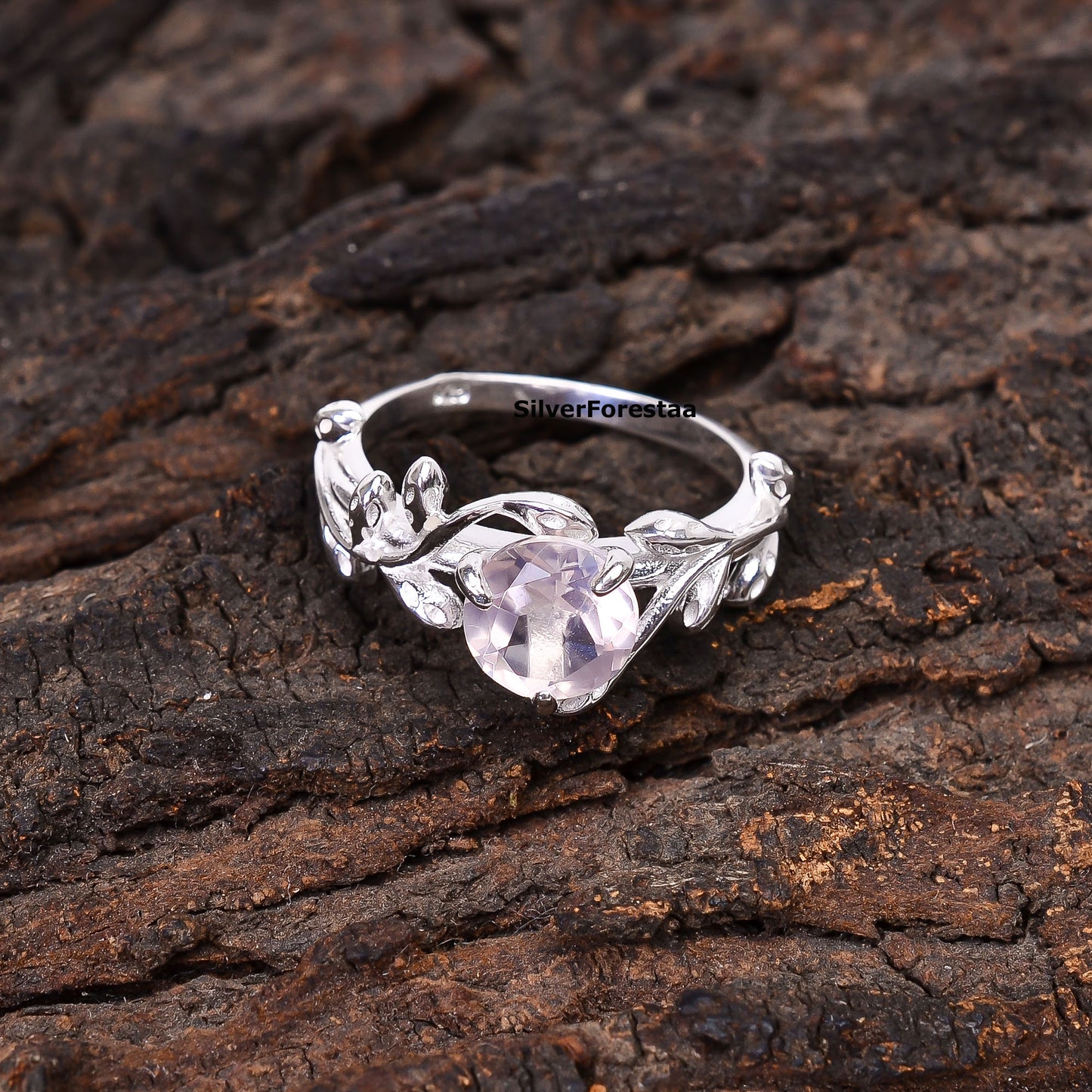 925 Silver Rose Quartz Leaf Twig Engagement Ring