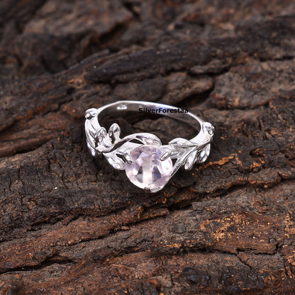 925 Silver Rose Quartz Leaf Twig Engagement Ring