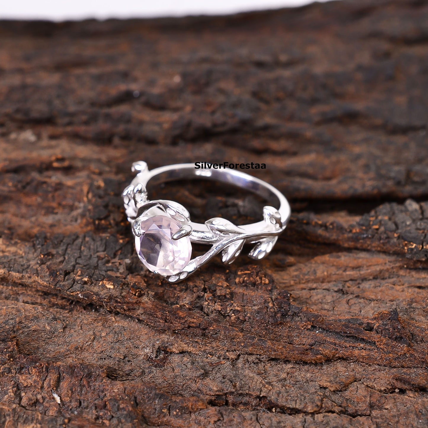 925 Silver Rose Quartz Leaf Twig Engagement Ring