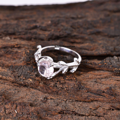 925 Silver Rose Quartz Leaf Twig Engagement Ring