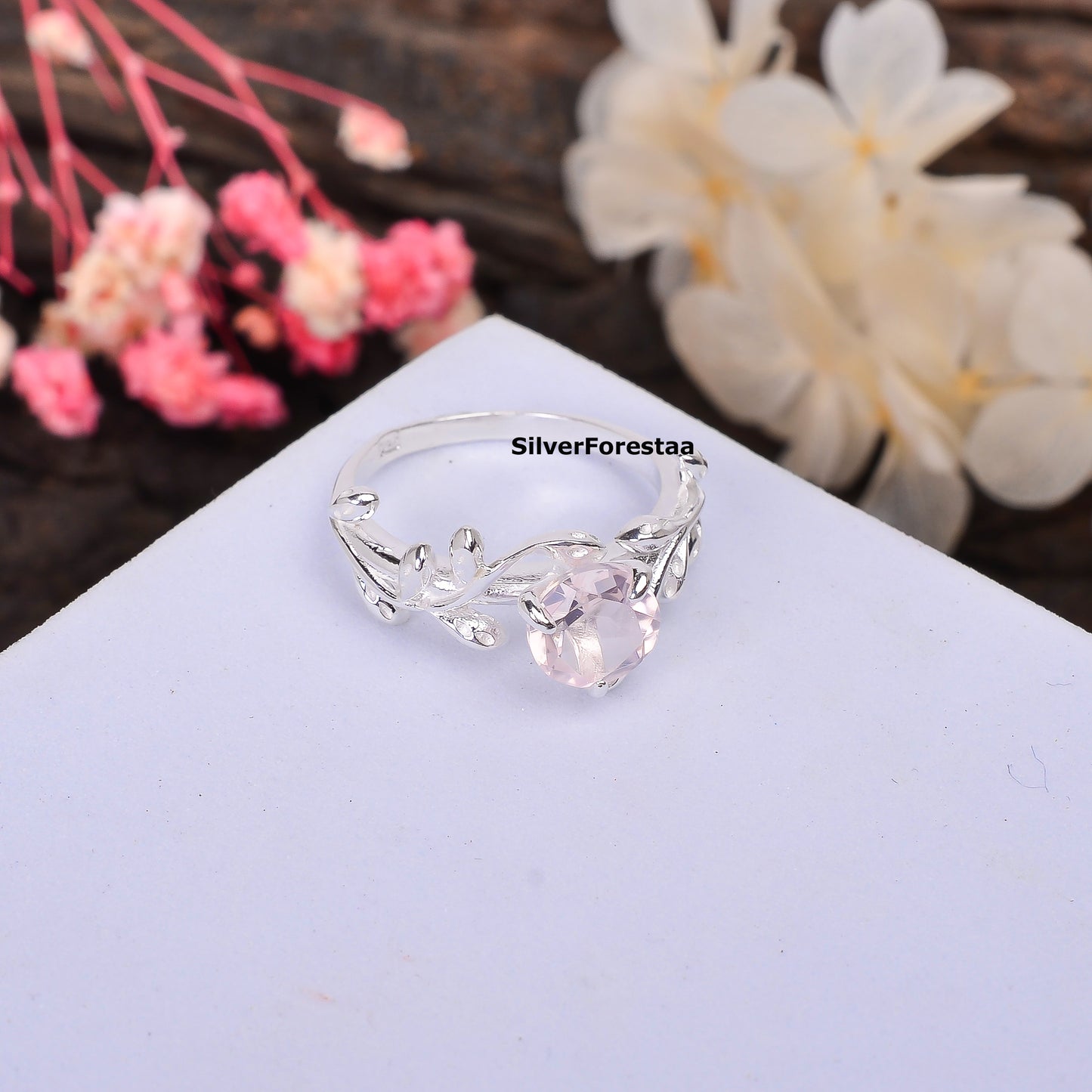 925 Silver Rose Quartz Leaf Twig Engagement Ring