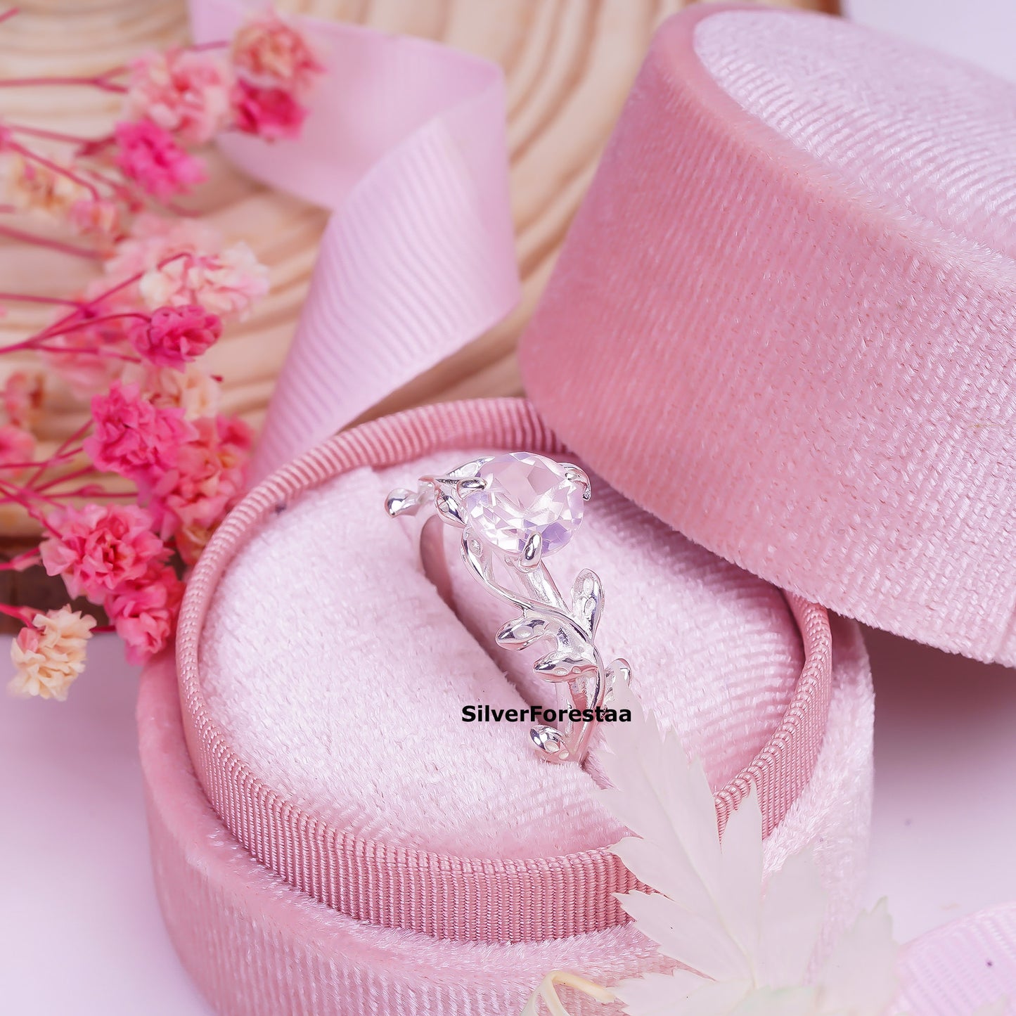 925 Silver Rose Quartz Leaf Twig Engagement Ring