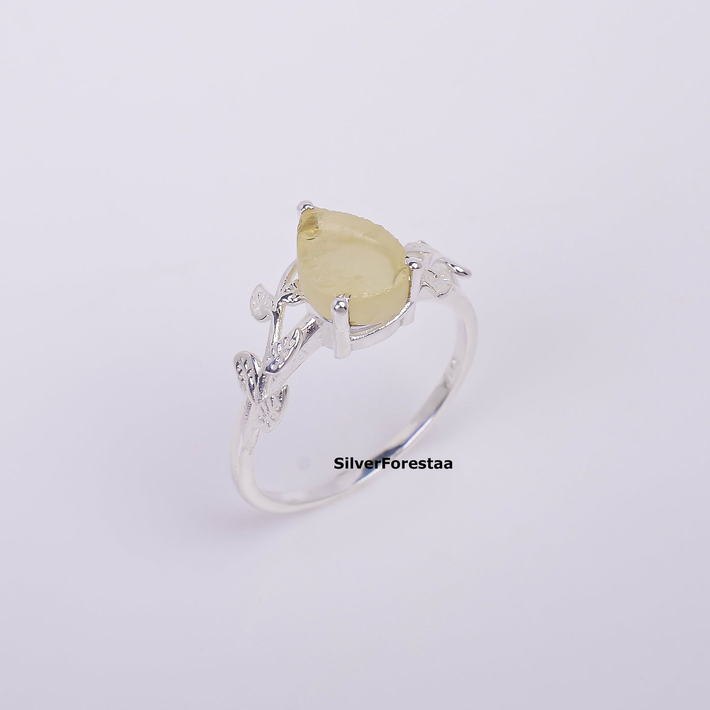 925 Silver Libyan Desert Tektite Ring - Witchy Leaf Ring - SILVERFORESTAA