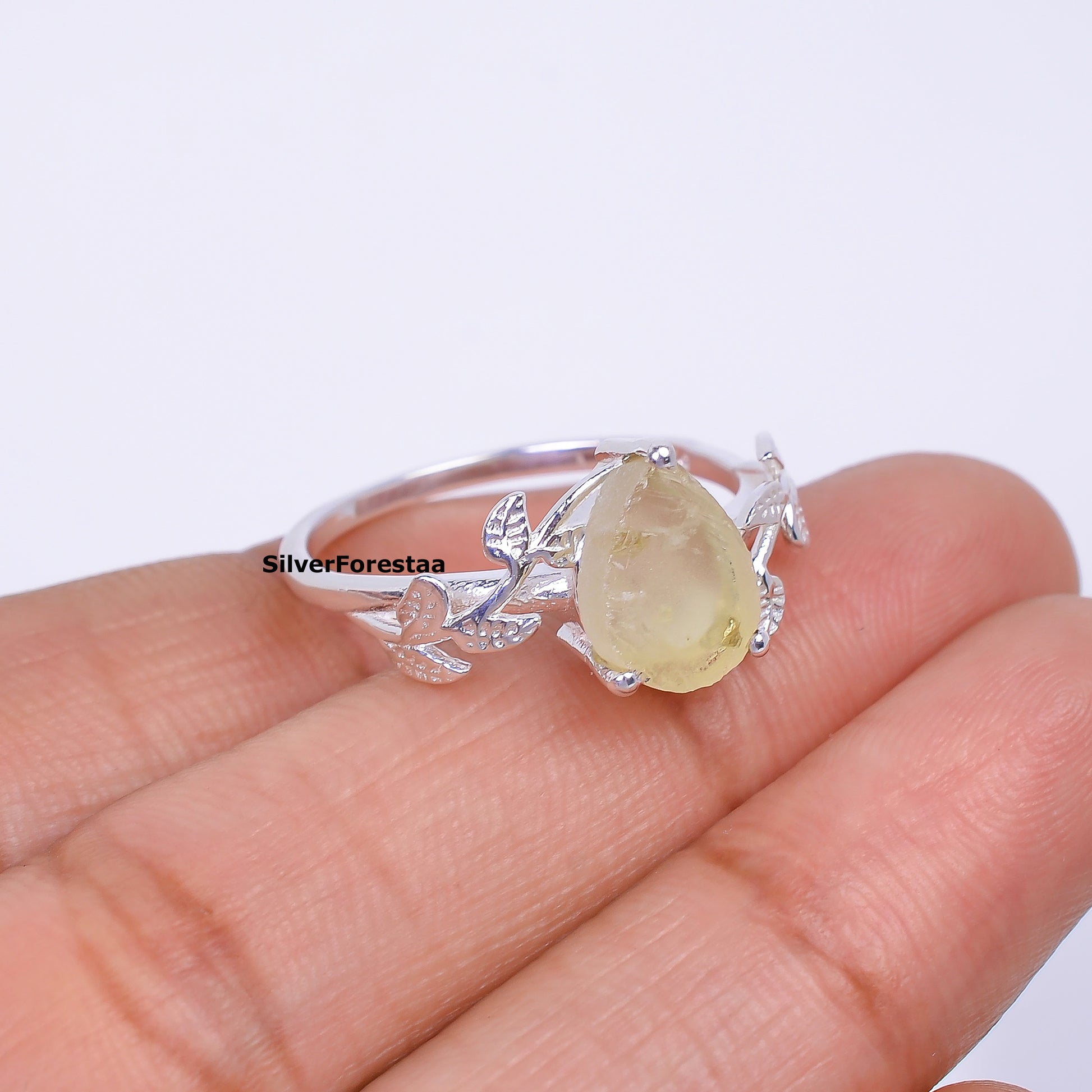 925 Silver Libyan Desert Tektite Ring - Witchy Leaf Ring - SILVERFORESTAA