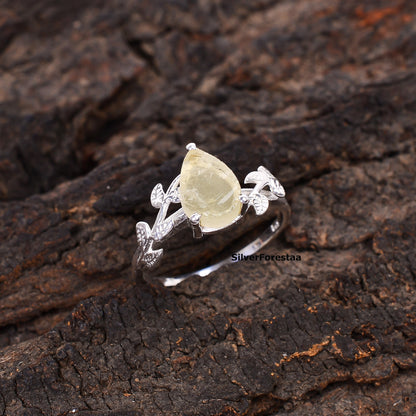 925 Silver Libyan Desert Tektite Ring - Witchy Leaf Ring - SILVERFORESTAA