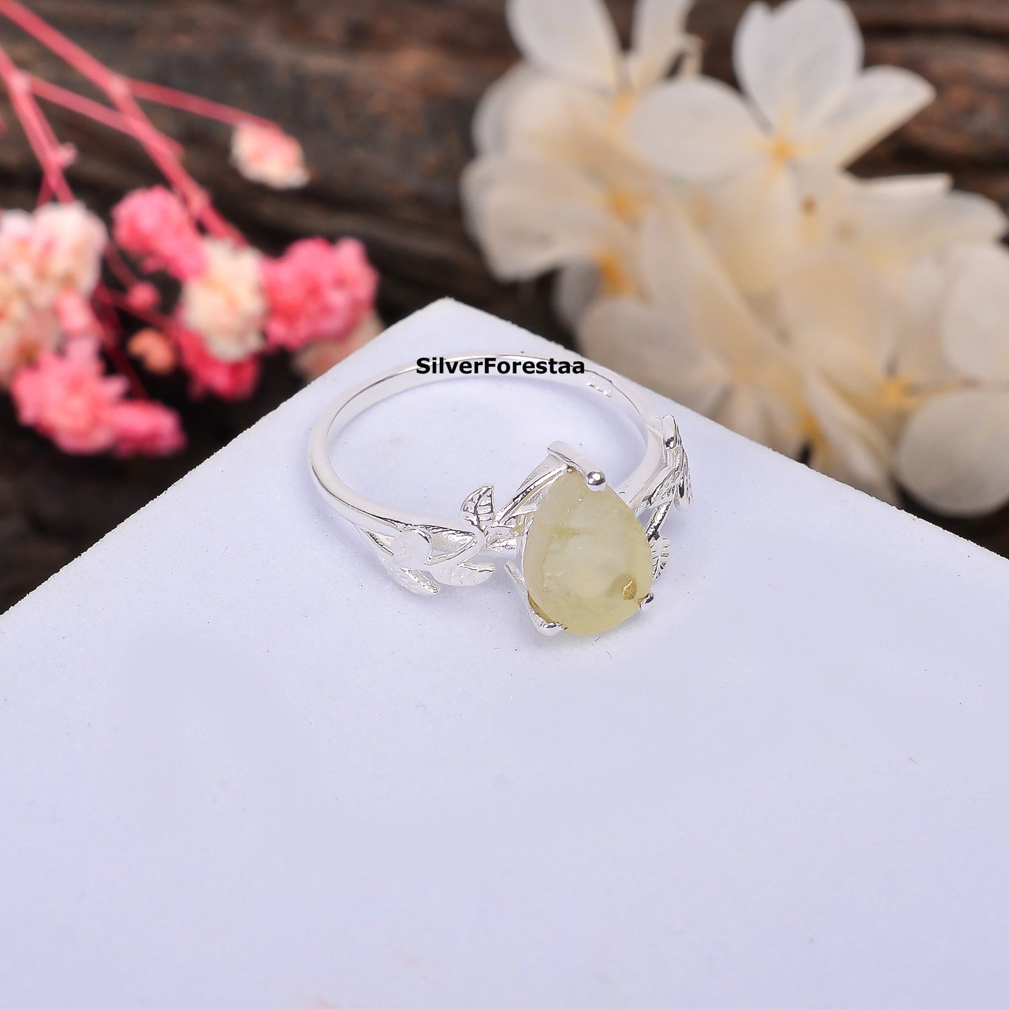925 Silver Libyan Desert Tektite Ring - Witchy Leaf Ring - SILVERFORESTAA