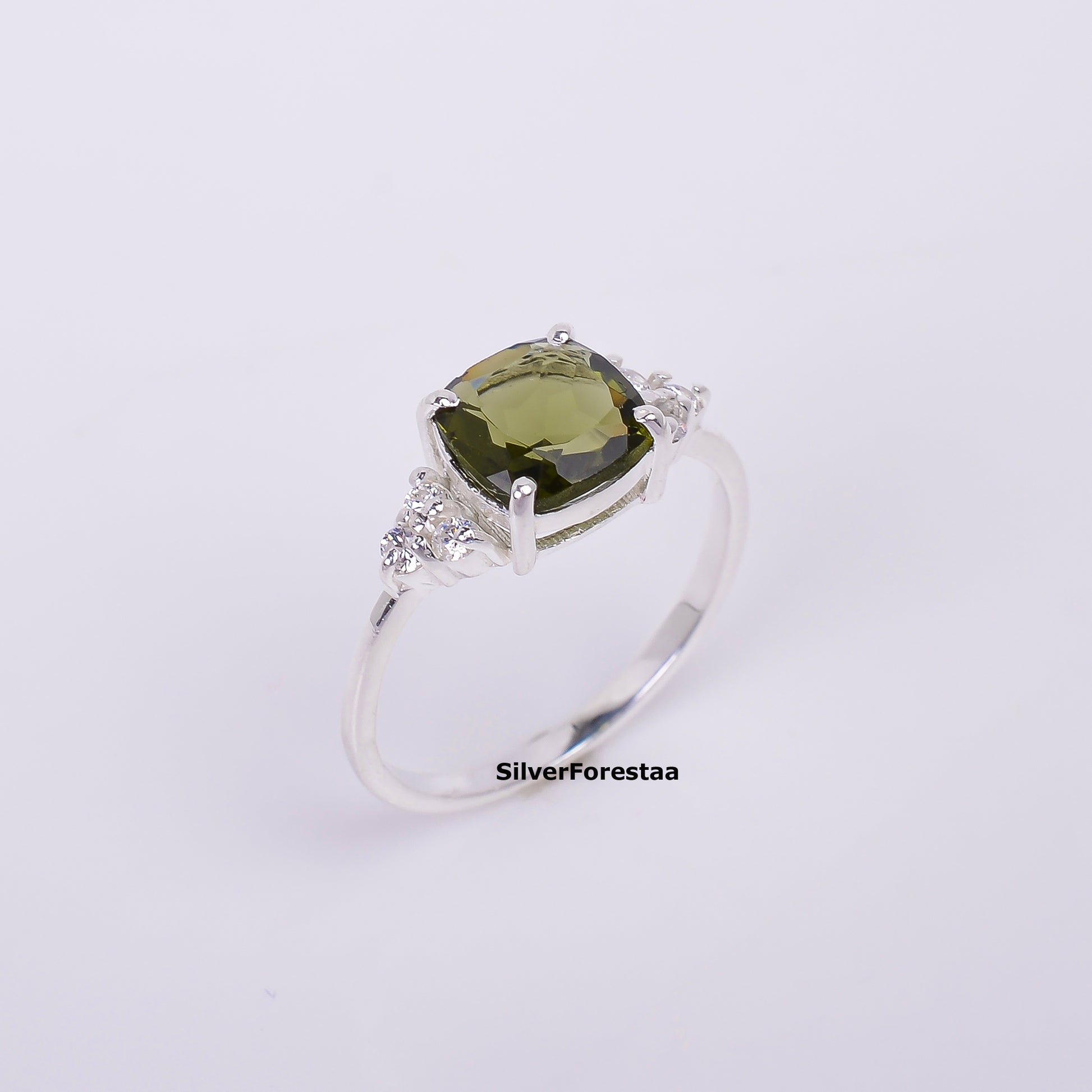 925 Sterling Silver Cut Moldavite Ring - Engagement Jewelry - SILVERFORESTAA