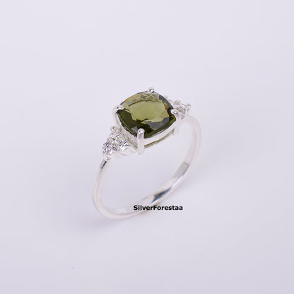 925 Sterling Silver Cut Moldavite Ring - Engagement Jewelry - SILVERFORESTAA