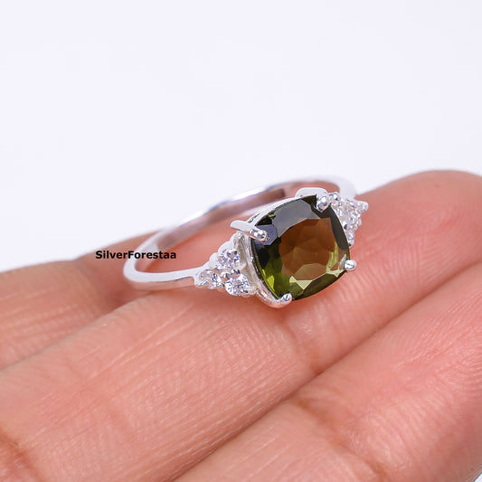 925 Sterling Silver Cut Moldavite Ring - Engagement Jewelry - SILVERFORESTAA