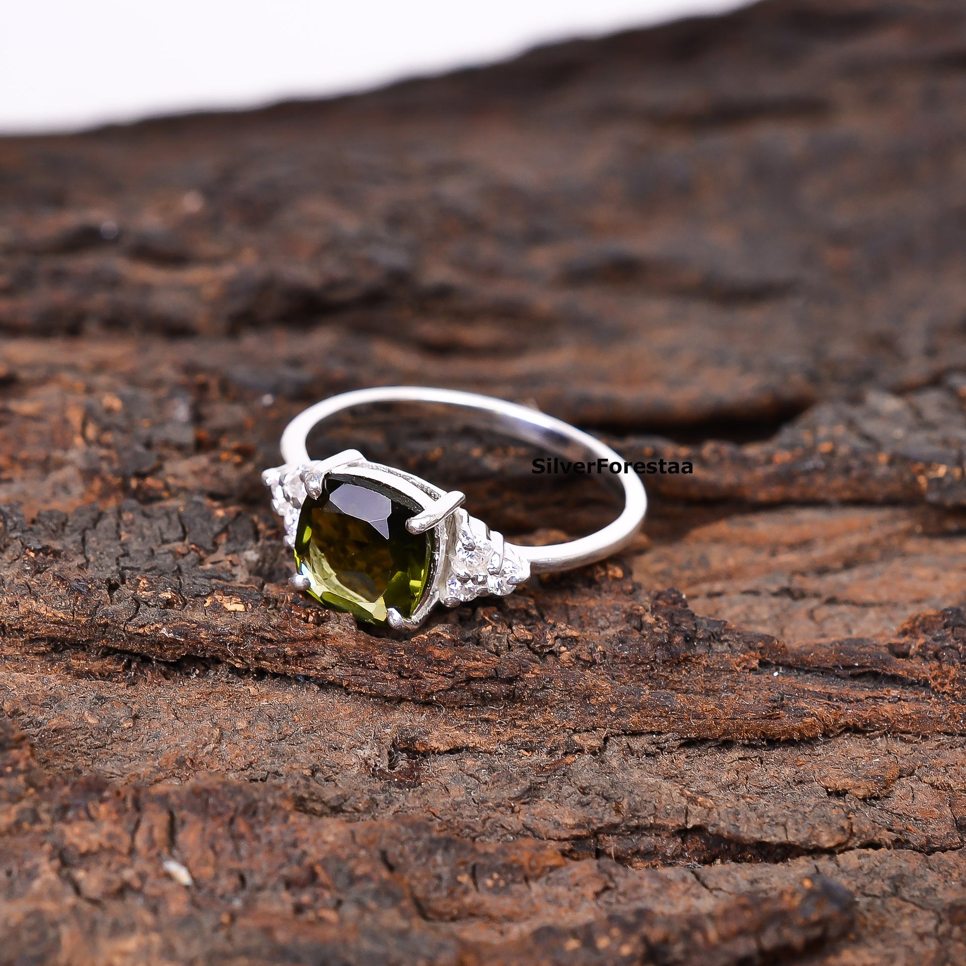 925 Sterling Silver Cut Moldavite Ring - Engagement Jewelry - SILVERFORESTAA