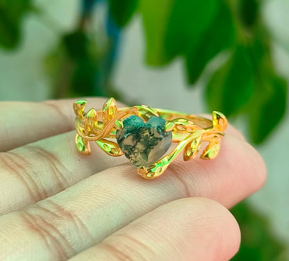 Vintage Moss Agate Heart Leaf Ring for Women - SilverForestaa - SILVERFORESTAA