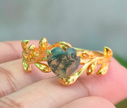 Vintage Moss Agate Heart Leaf Ring for Women - SilverForestaa - SILVERFORESTAA