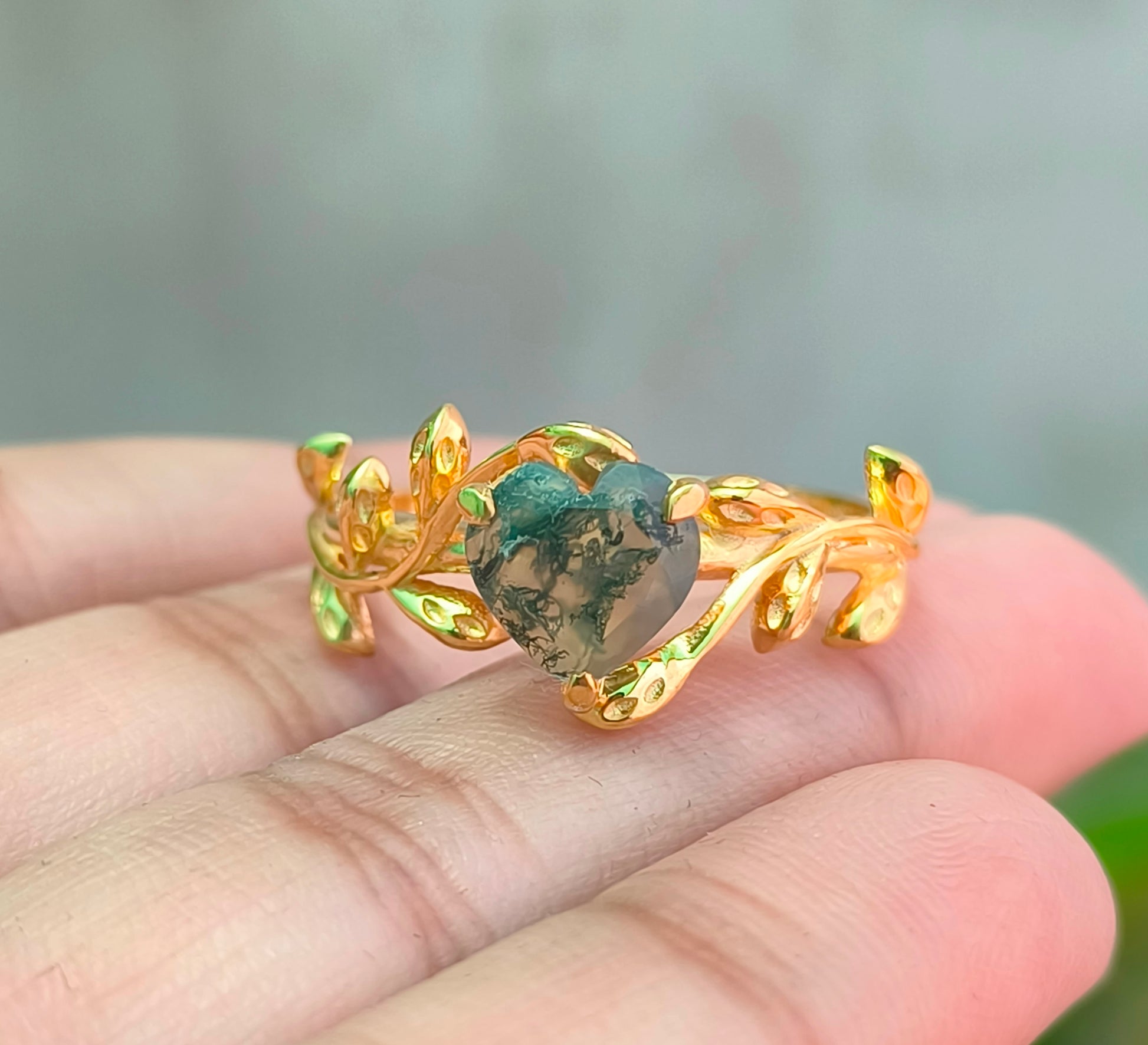 Vintage Moss Agate Heart Leaf Ring for Women - SilverForestaa - SILVERFORESTAA