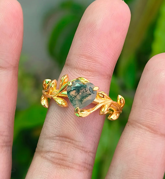 Vintage Moss Agate Heart Leaf Ring for Women - SilverForestaa - SILVERFORESTAA