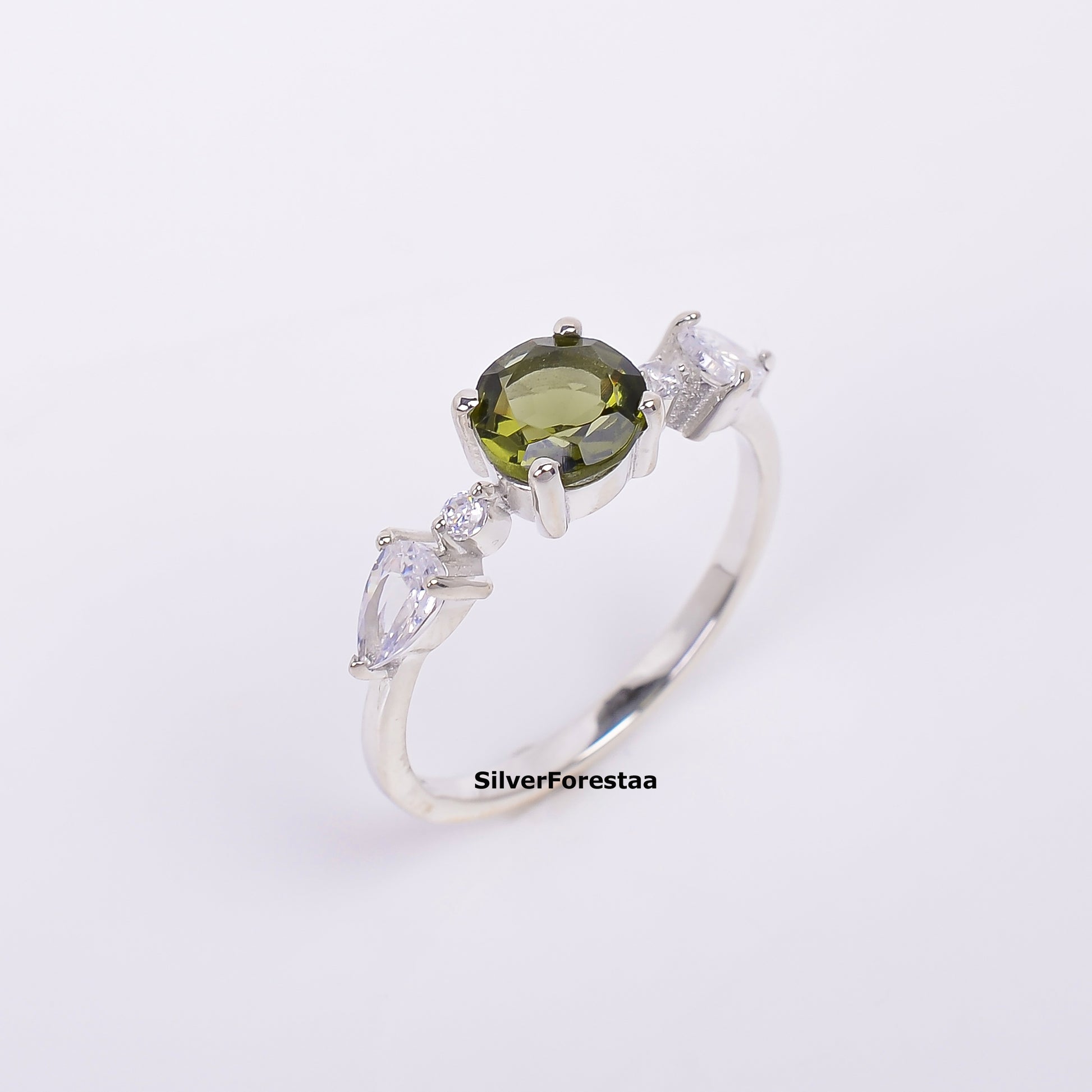 Sterling Silver Witchy Moldavite Bridal Ring - SilverForestaa - SILVERFORESTAA