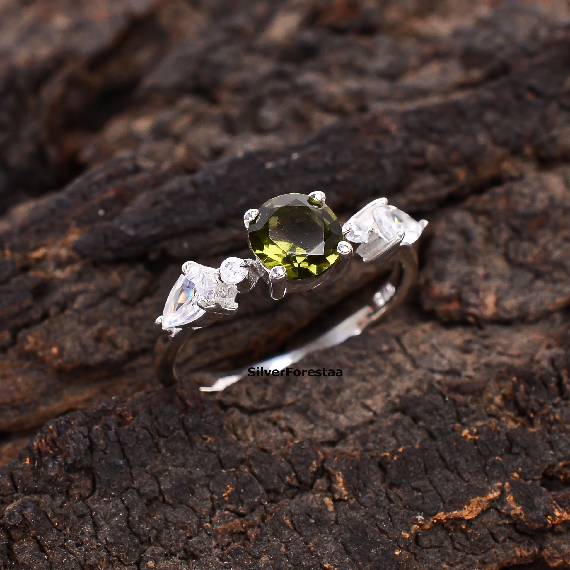 Sterling Silver Witchy Moldavite Bridal Ring - SilverForestaa - SILVERFORESTAA