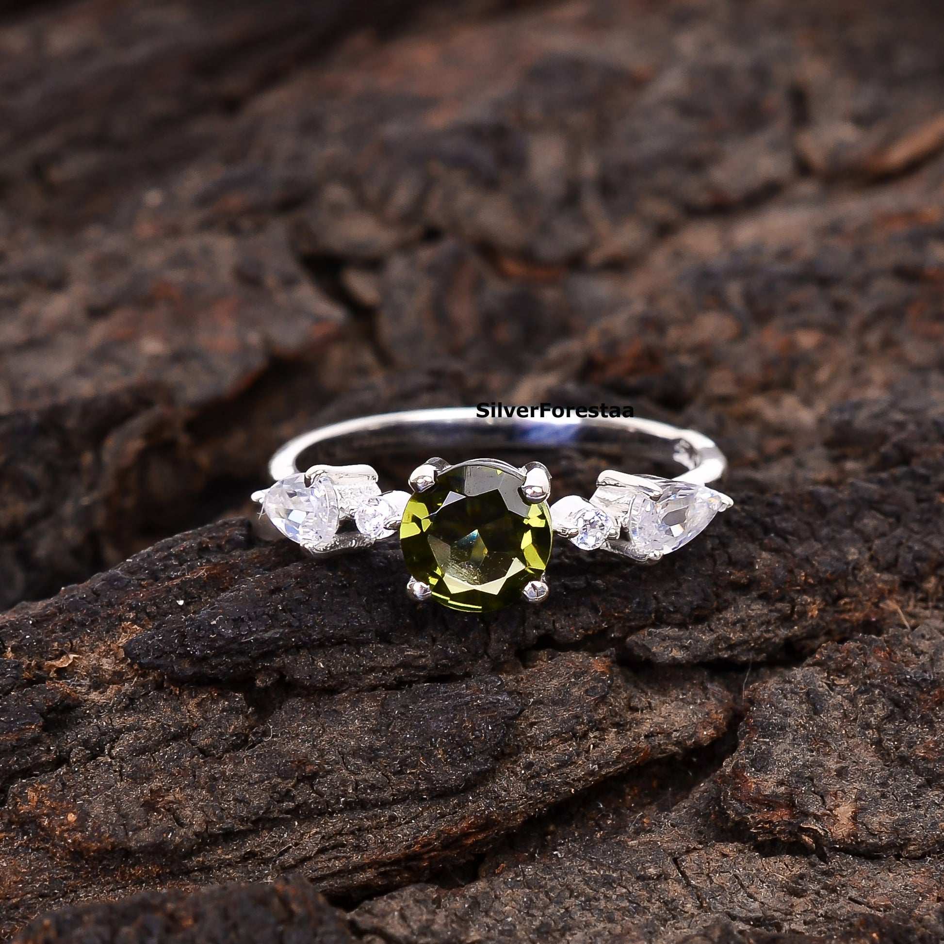 Sterling Silver Witchy Moldavite Bridal Ring - SilverForestaa - SILVERFORESTAA