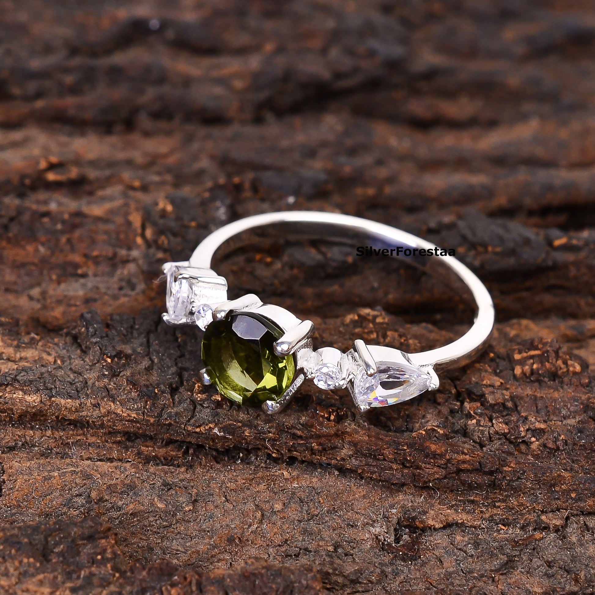 Sterling Silver Witchy Moldavite Bridal Ring - SilverForestaa - SILVERFORESTAA
