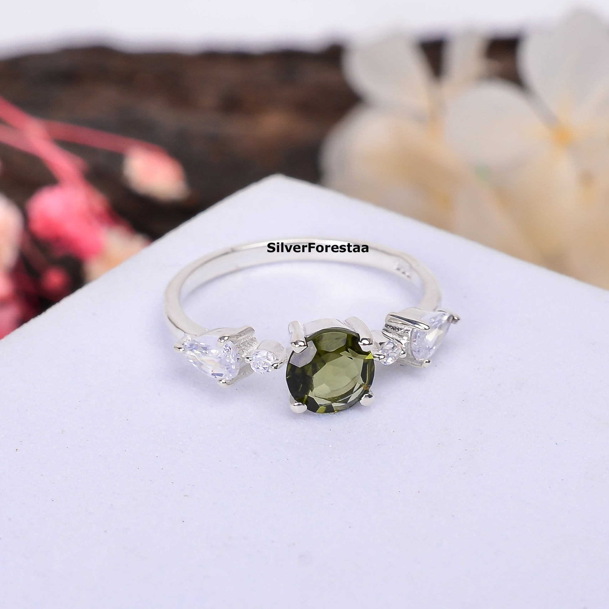 Sterling Silver Witchy Moldavite Bridal Ring - SilverForestaa - SILVERFORESTAA
