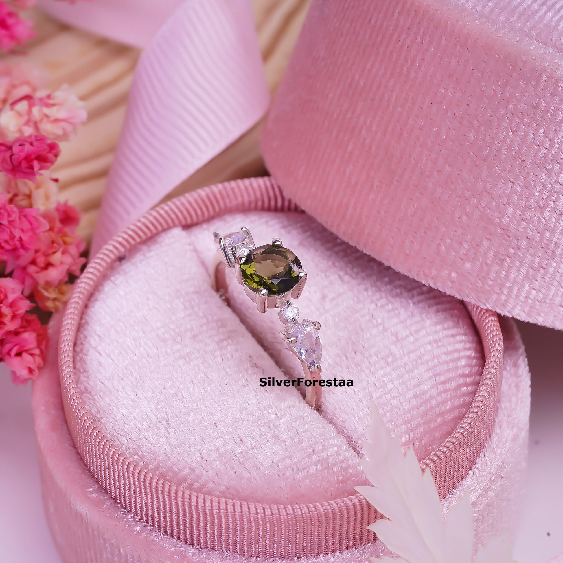 Sterling Silver Witchy Moldavite Bridal Ring - SilverForestaa - SILVERFORESTAA