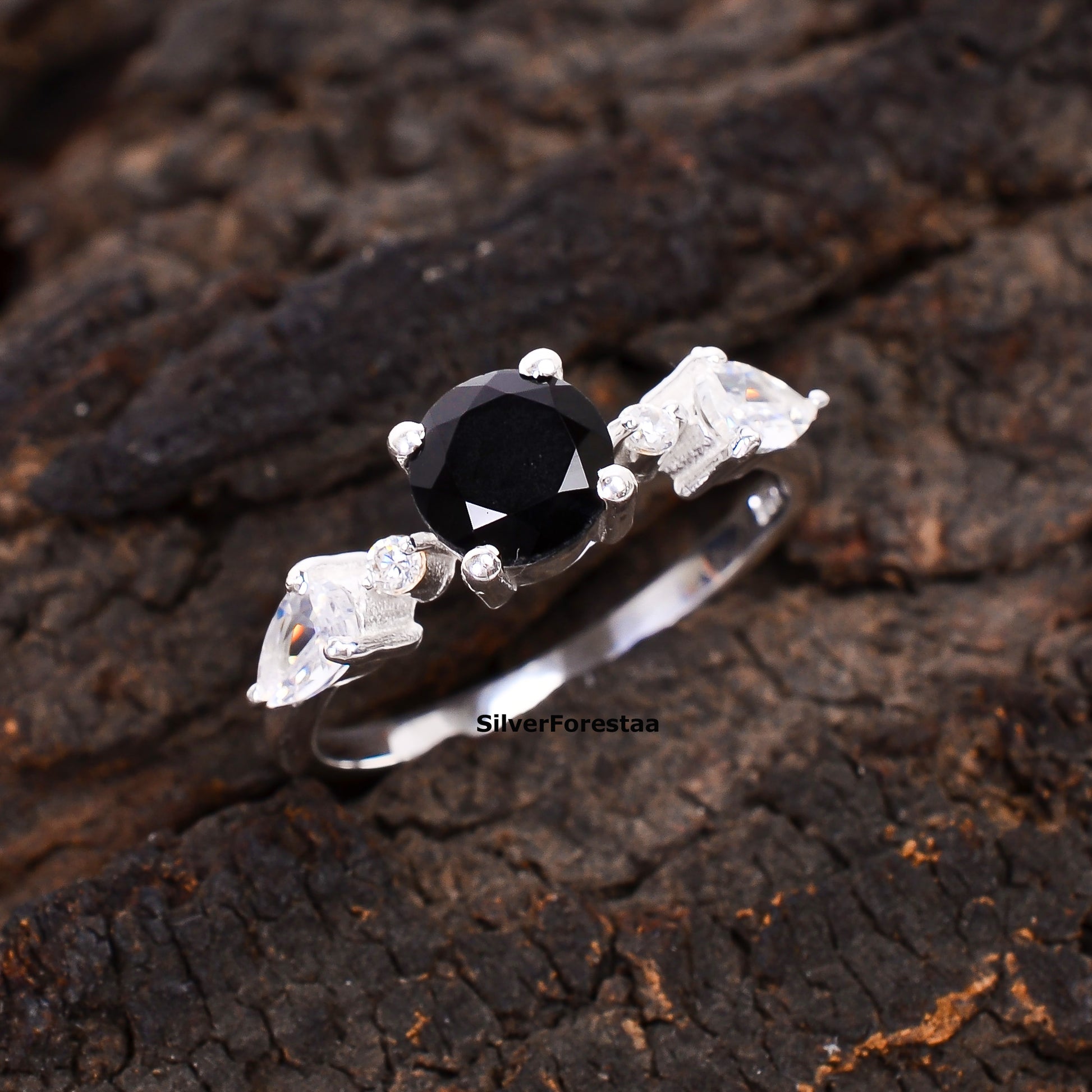 Black Onyx Engagement Ring 925 Silver - SilverForestaa - SILVERFORESTAA