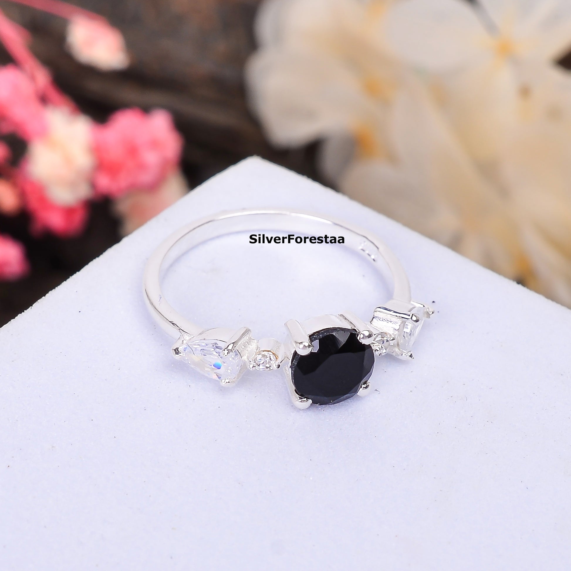 Black Onyx Engagement Ring 925 Silver - SilverForestaa - SILVERFORESTAA
