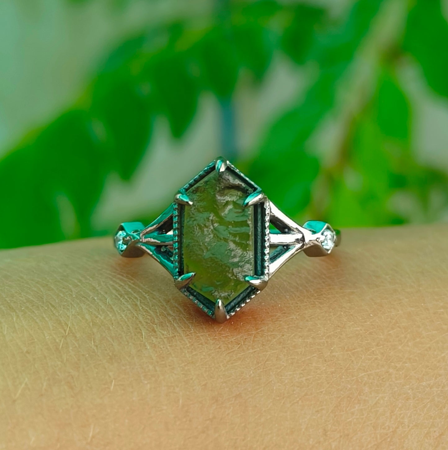 925 Sterling Silver Authentic Moldavite Ring - SilverForestaa - SILVERFORESTAA