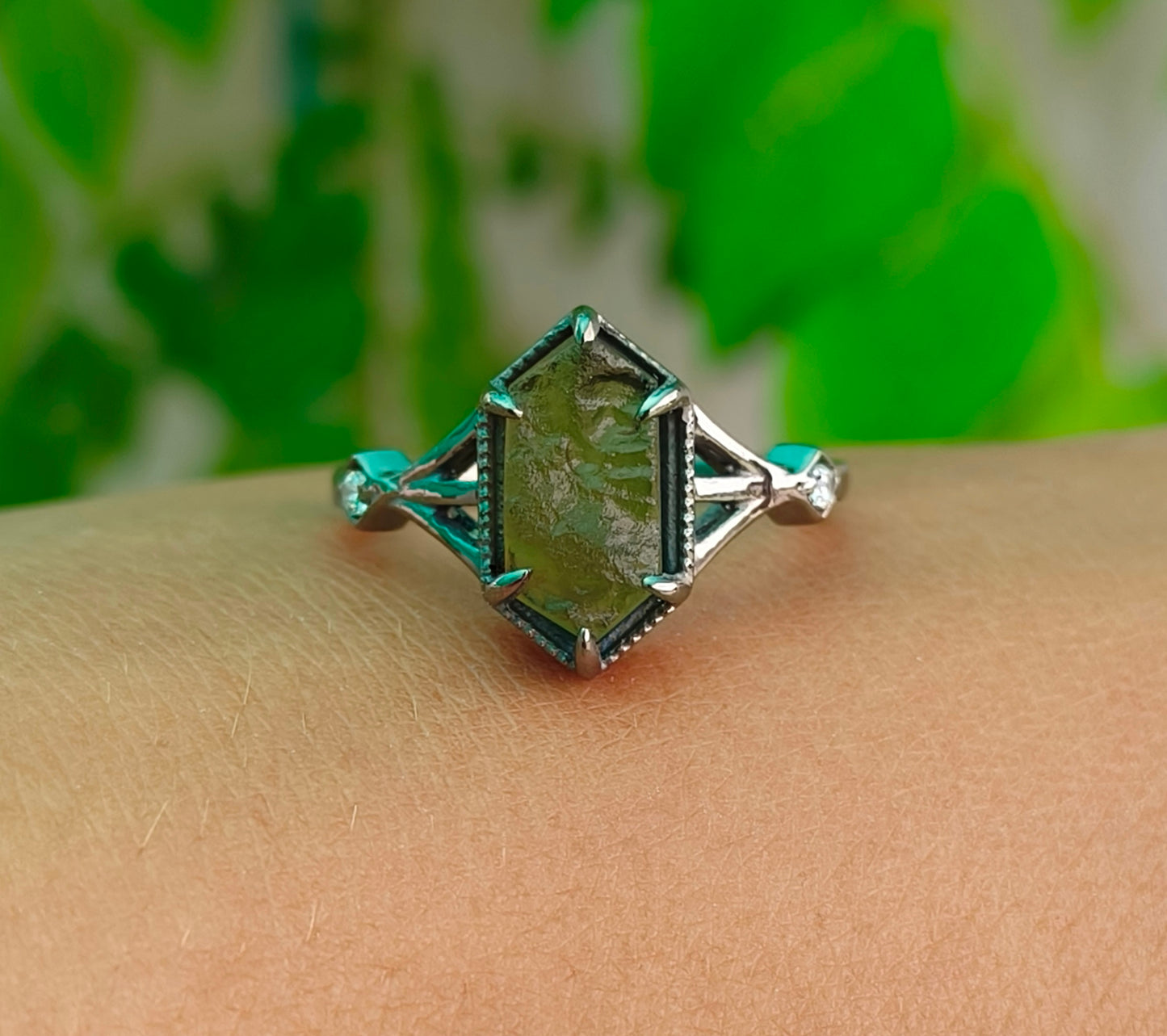 925 Sterling Silver Authentic Moldavite Ring - SilverForestaa - SILVERFORESTAA